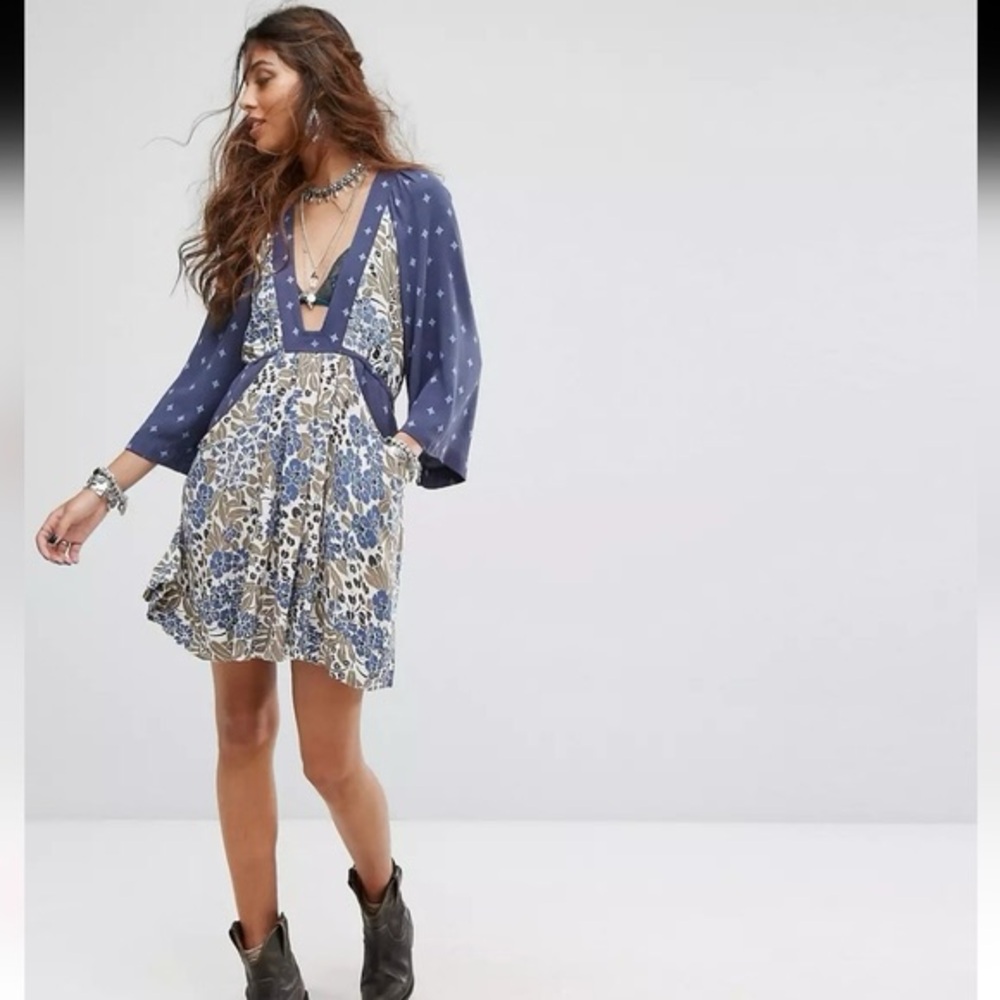 Free People Talulla Blue Combo Floral Print Mini Dress Tunic